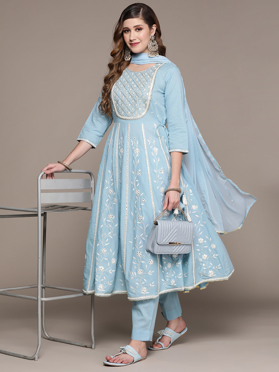 Ishin Women's Blue Embellished Anarkali Kurta with Trouser & Dupatta
