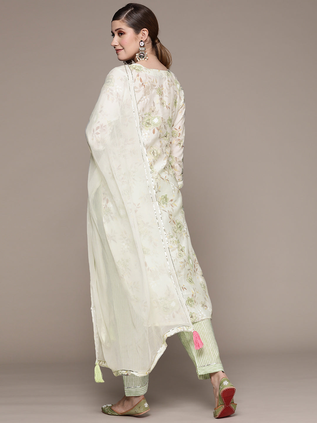Ishin Women's Off White Gotta patti A-Line Kurta with Trouser & Dupatta