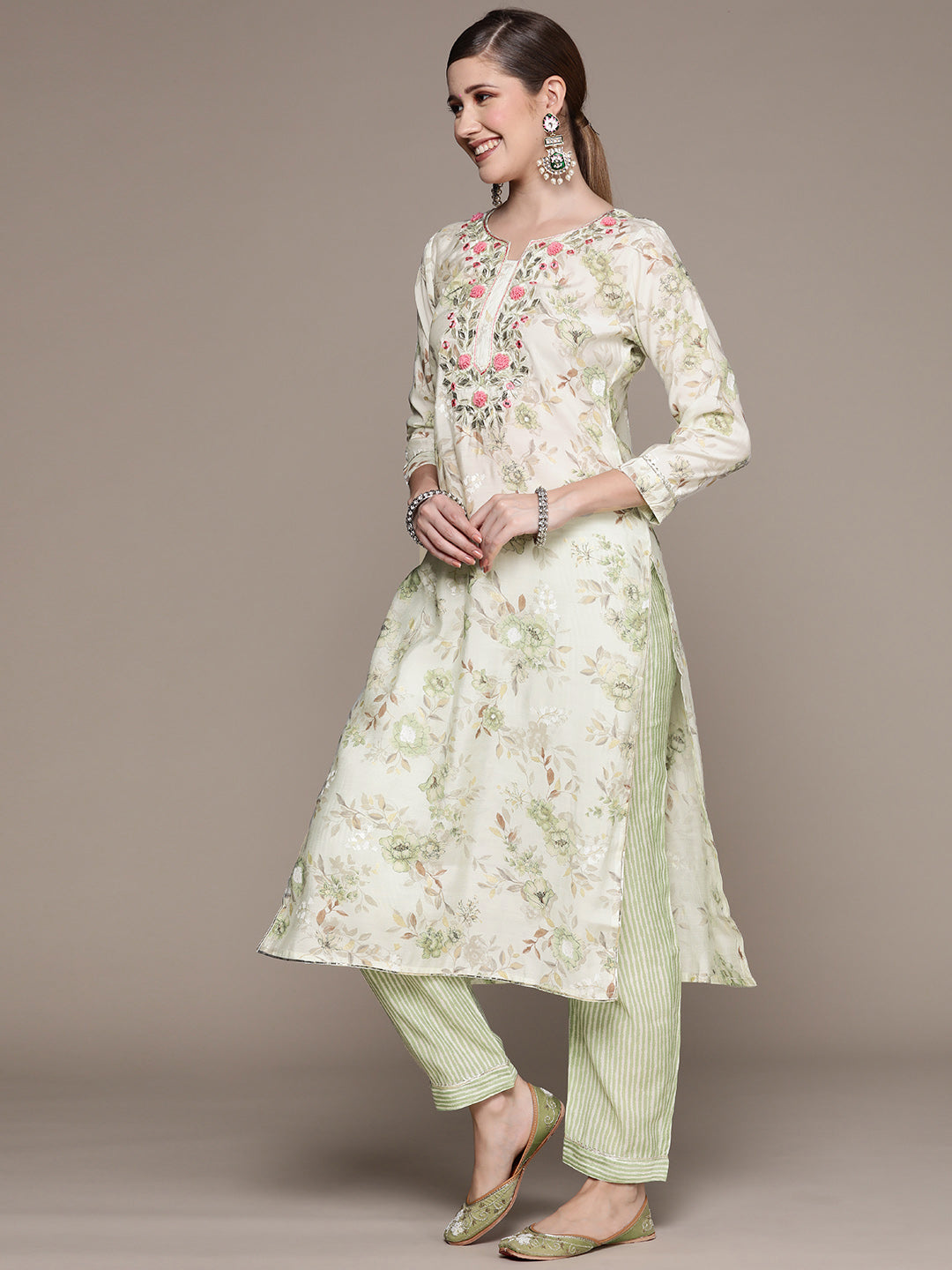 Ishin Women's Off White Gotta patti A-Line Kurta with Trouser & Dupatta