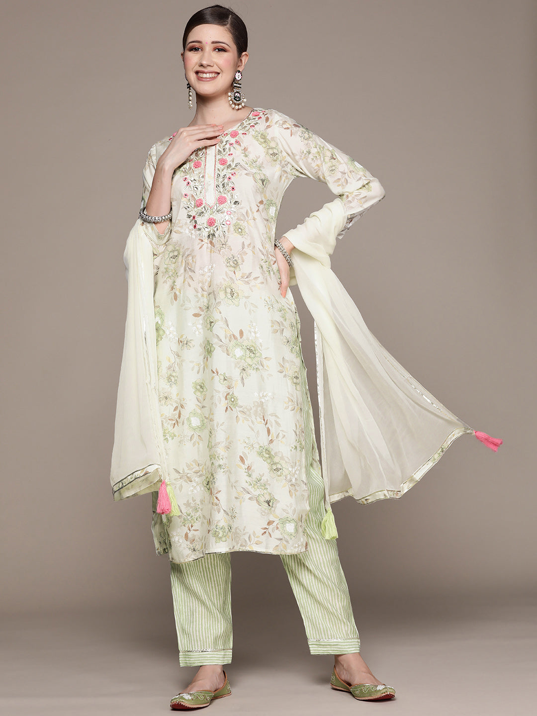Ishin Women's Off White Gotta patti A-Line Kurta with Trouser & Dupatta