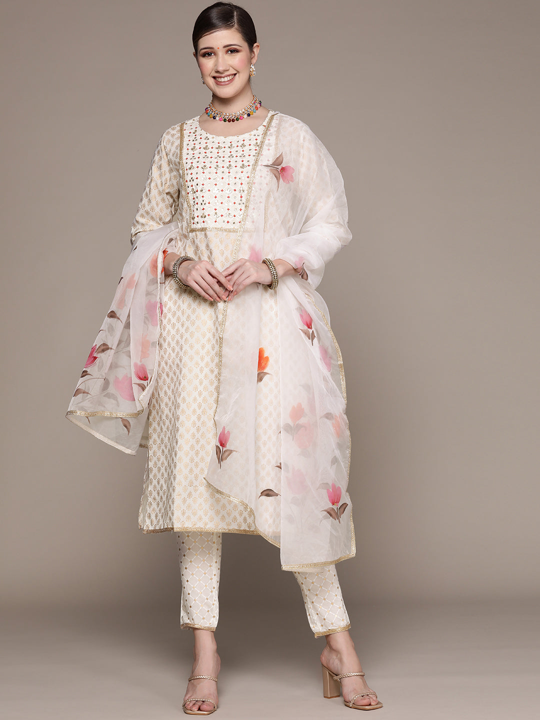 Ishin Women's Off White Embroidered Staright Kurta with Trouser & Dupatta