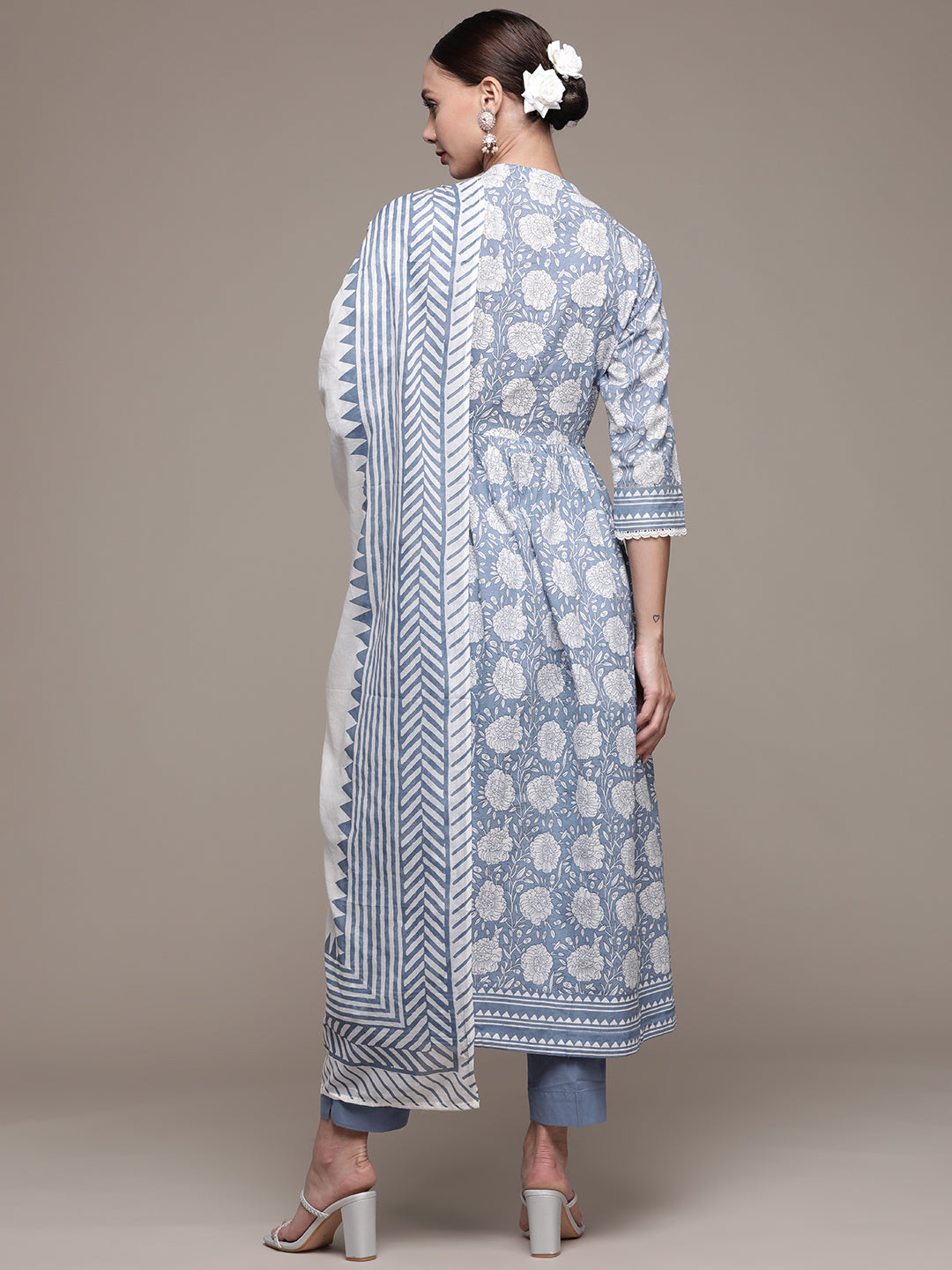 Ishin Women's Cotton Blue & White Embroidered A-Line Kurta Trouser Dupatta Set