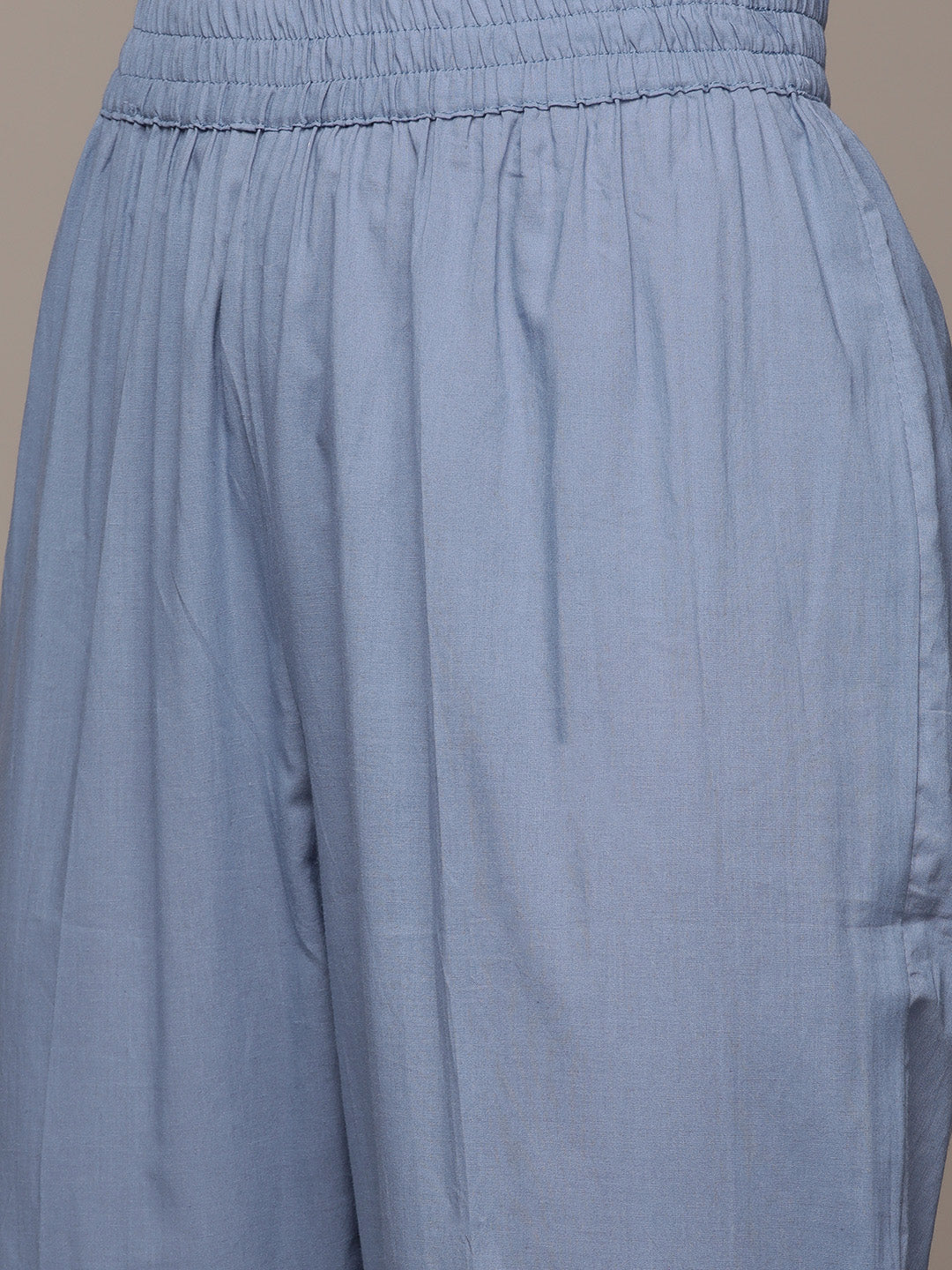 Ishin Women's Cotton Blue & White Embroidered A-Line Kurta Trouser Dupatta Set