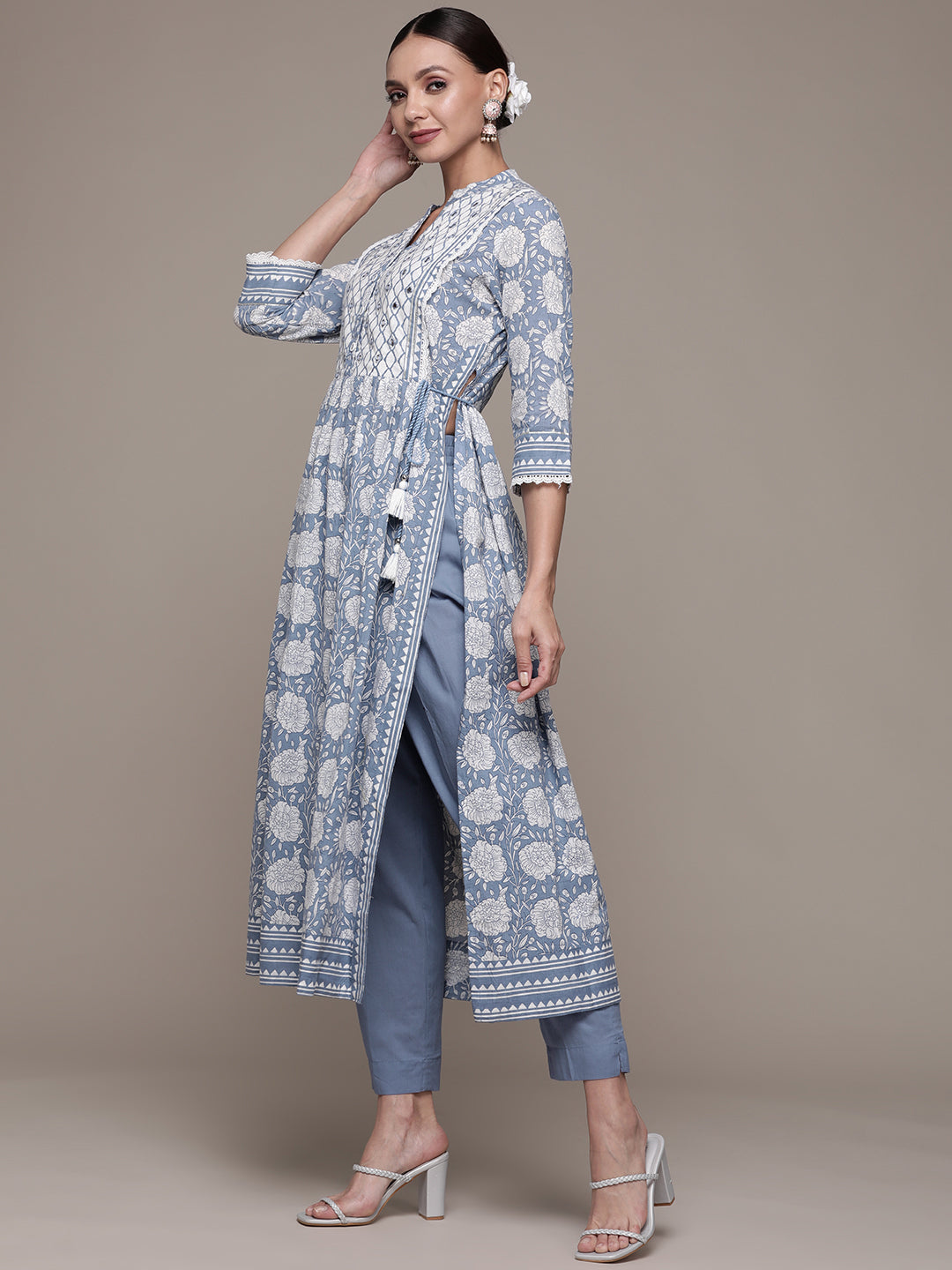 Ishin Women's Cotton Blue & White Embroidered A-Line Kurta Trouser Dupatta Set