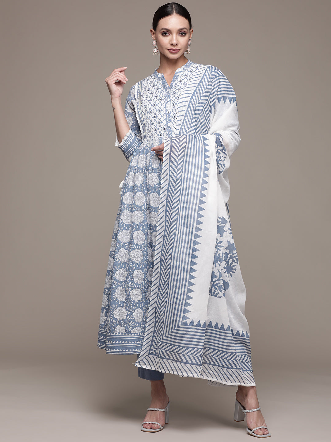 Ishin Women's Cotton Blue & White Embroidered A-Line Kurta Trouser Dupatta Set