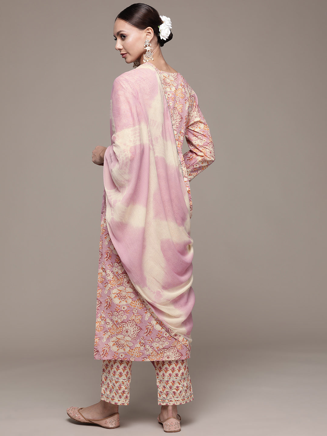Ishin Women's Cotton Purple & Beige Embroidered A-Line Kurta Trouser Dupatta Set