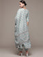Ishin Women's Cotton Grey Embroidered Anarkali Kurta Trouser Dupatta Set