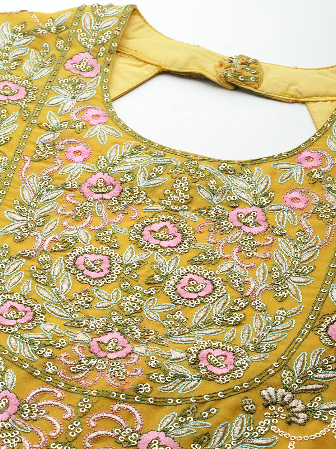 Ishin Women's Georgette Mustard Embroidered A-Line Style Back Kurta Sharara Dupatta Set
