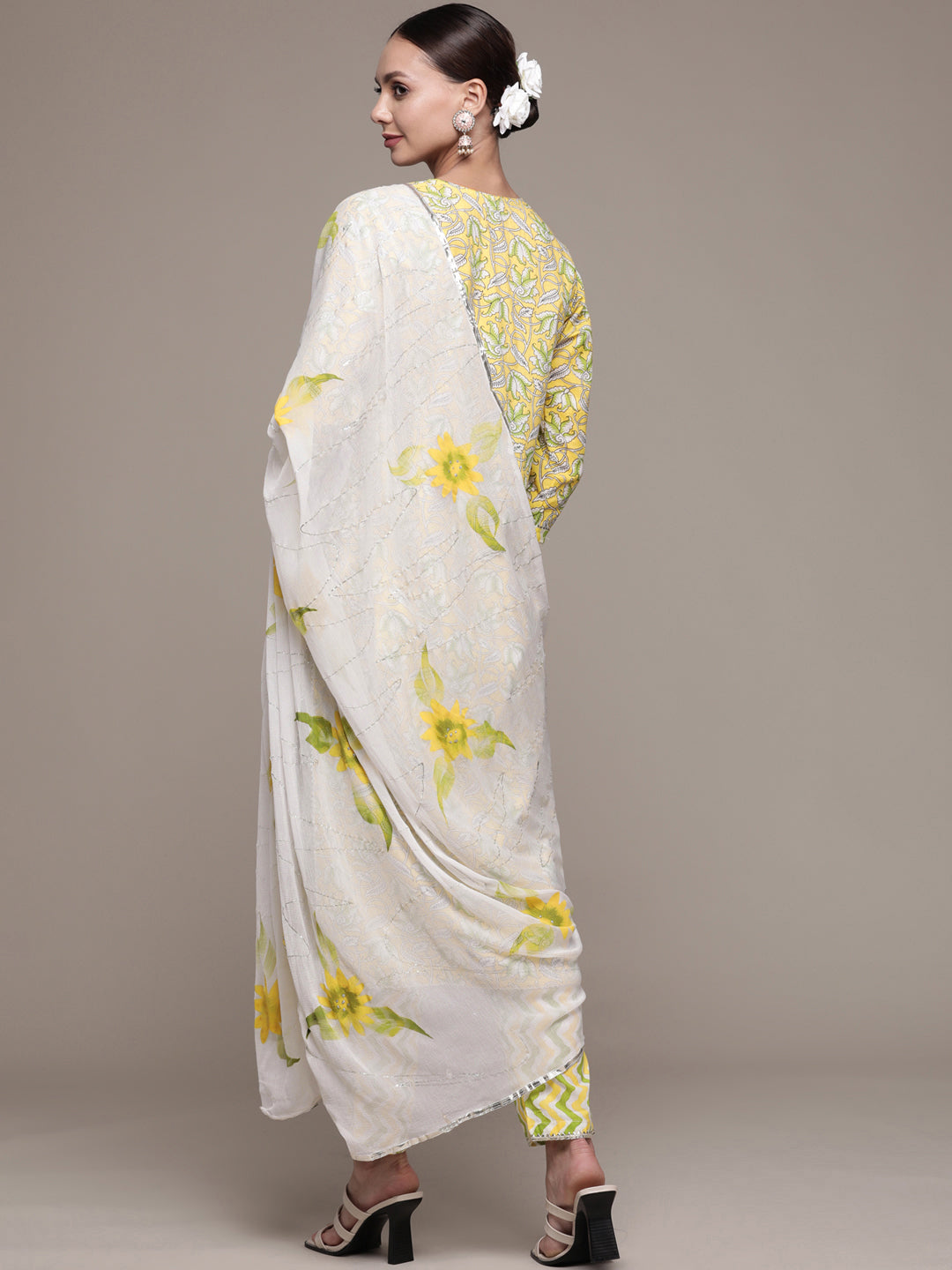 Ishin Women's Cotton Yellow Embroidered A-Line Kurta Trouser Dupatta Set