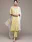 Ishin Women's Cotton Yellow Embroidered A-Line Kurta Trouser Dupatta Set