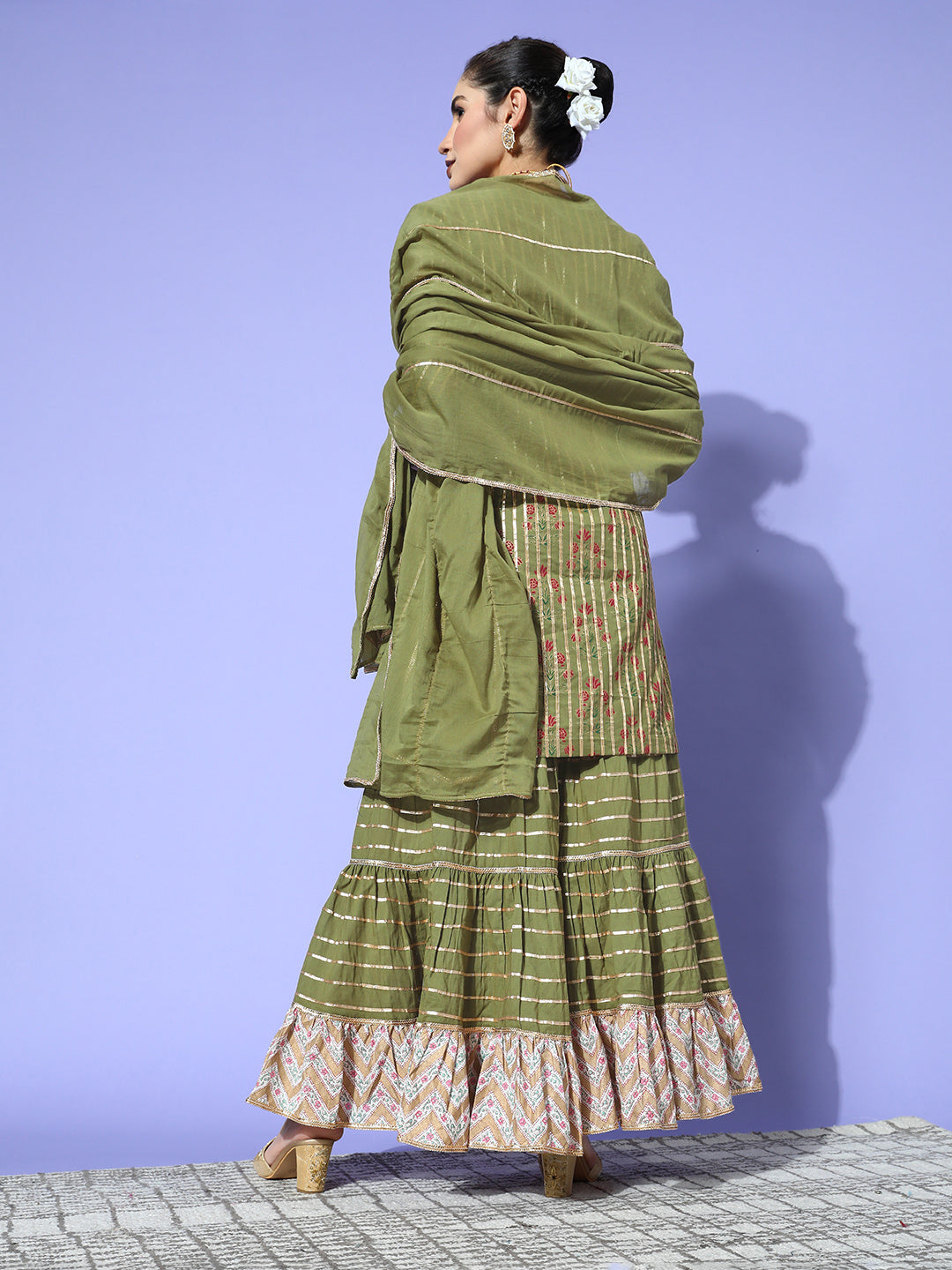 Ishin Women's Cotton Green Embroidered A-Line Kurta Sharara Dupatta Set