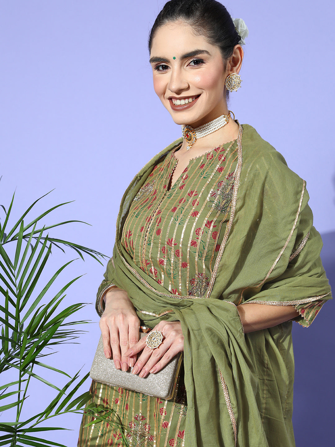 Ishin Women's Cotton Green Embroidered A-Line Kurta Sharara Dupatta Set