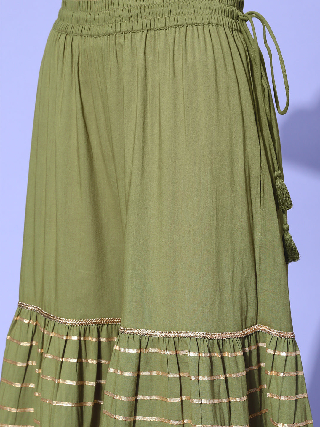 Ishin Women's Cotton Green Embroidered A-Line Kurta Sharara Dupatta Set