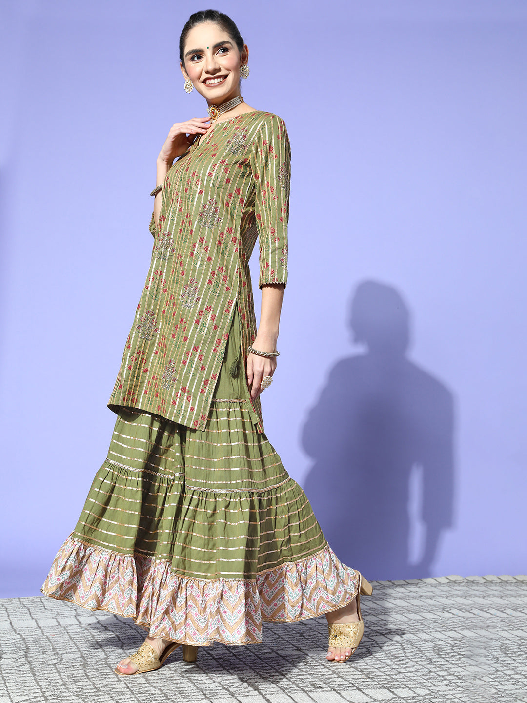 Ishin Women's Cotton Green Embroidered A-Line Kurta Sharara Dupatta Set
