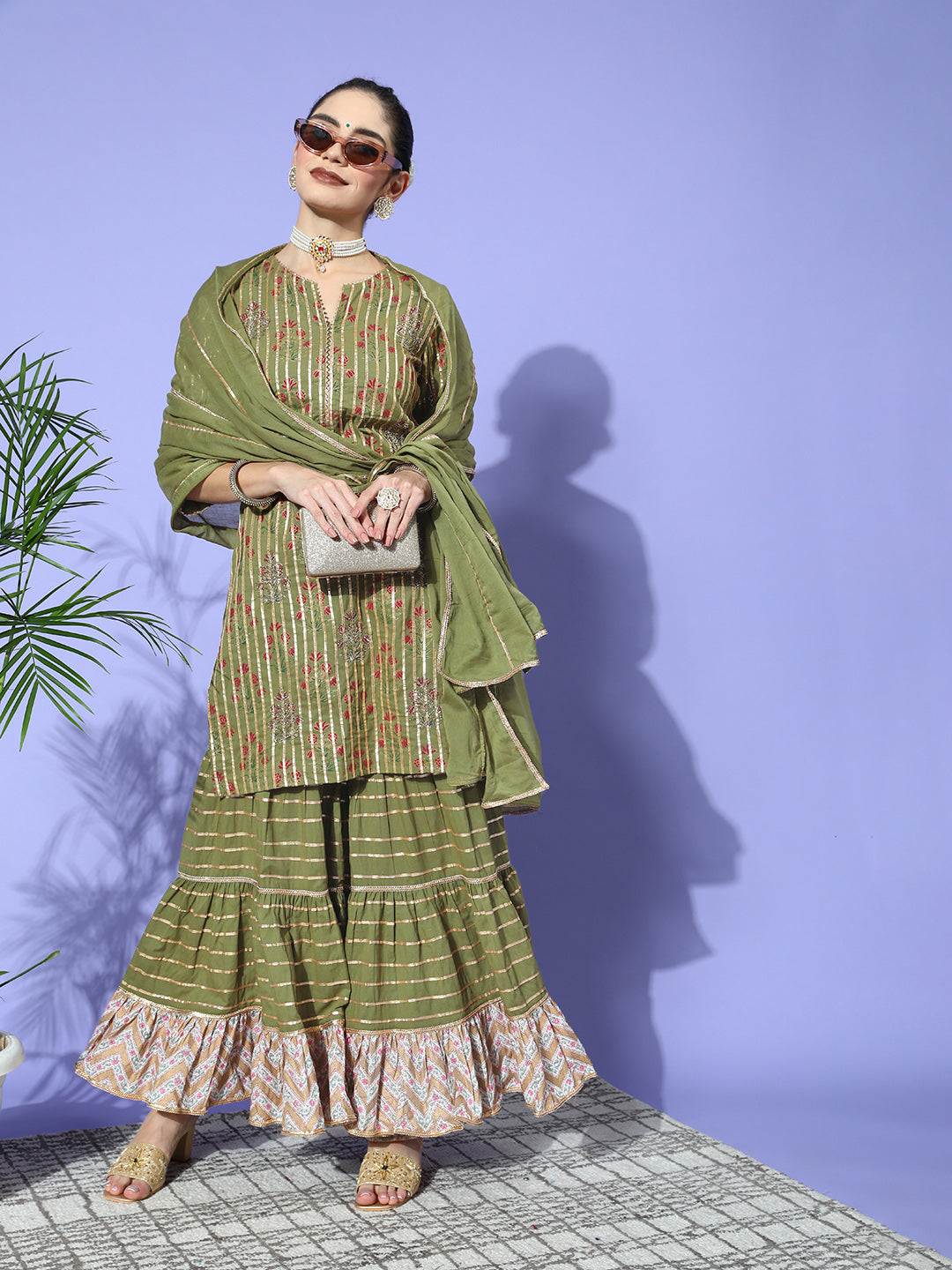 Ishin Women's Cotton Green Embroidered A-Line Kurta Sharara Dupatta Set