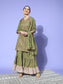 Ishin Women's Cotton Green Embroidered A-Line Kurta Sharara Dupatta Set