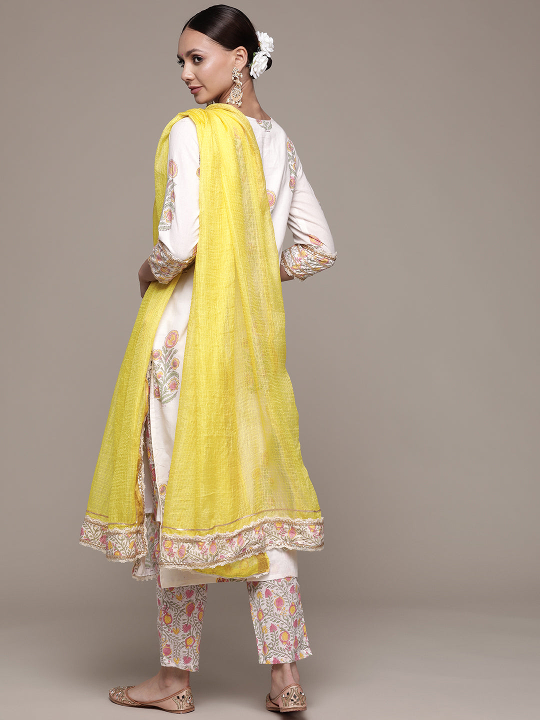 Ishin Women's Cotton White Embroidered A-Line Kurta Trouser Dupatta Set
