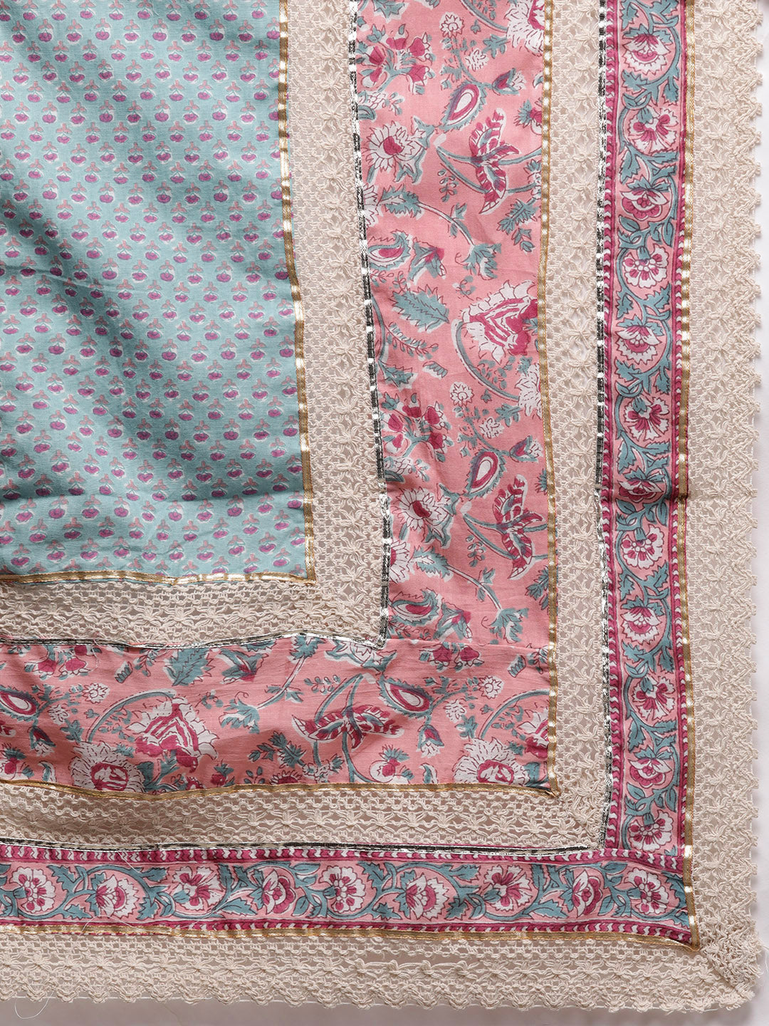 Ishin Women's Cotton Pink & Blue Embroidered Anarkali Kurta Trouser Dupatta Set