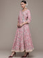 Ishin Women's Cotton Pink & Blue Embroidered Anarkali Kurta Trouser Dupatta Set