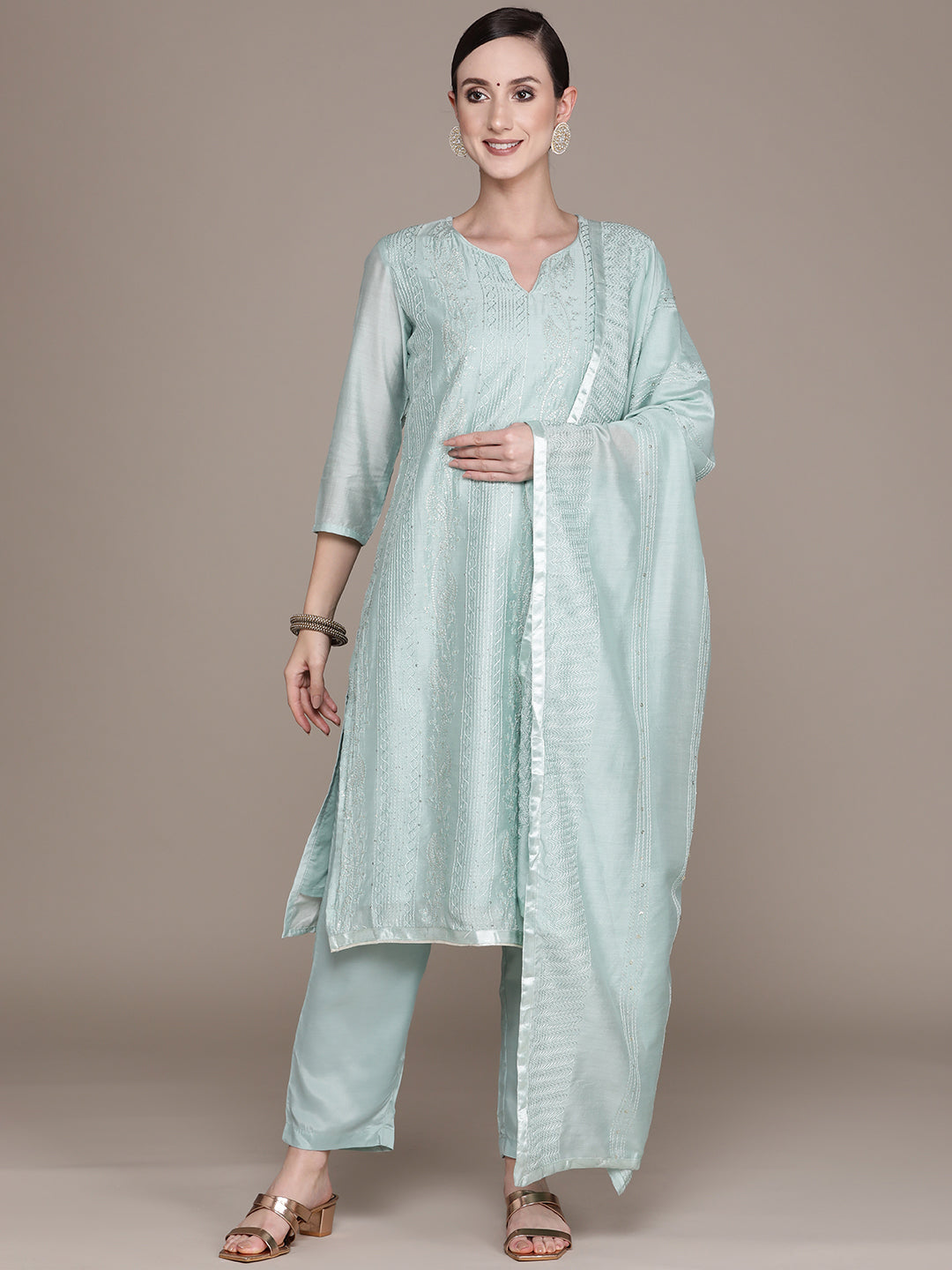 Ishin Women's Green Embroidered Straight Kurta with Trouser & Dupatta