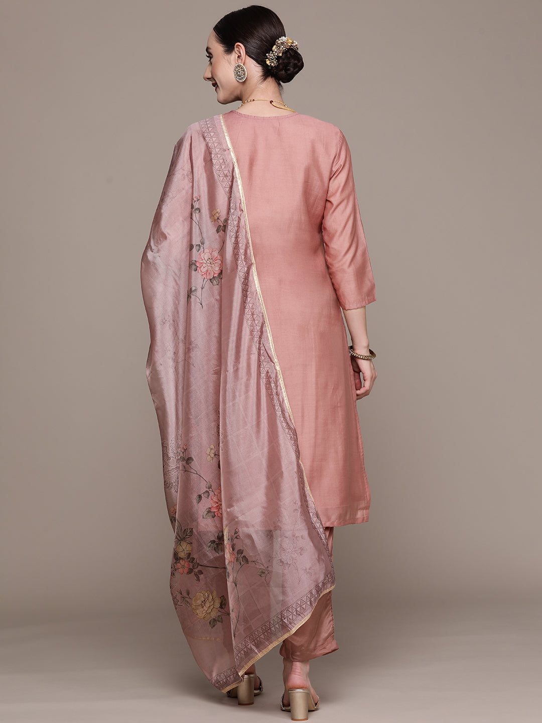 Ishin Women's Mauve Yoke Design A-Line Kurta with Trouser & Dupatta
