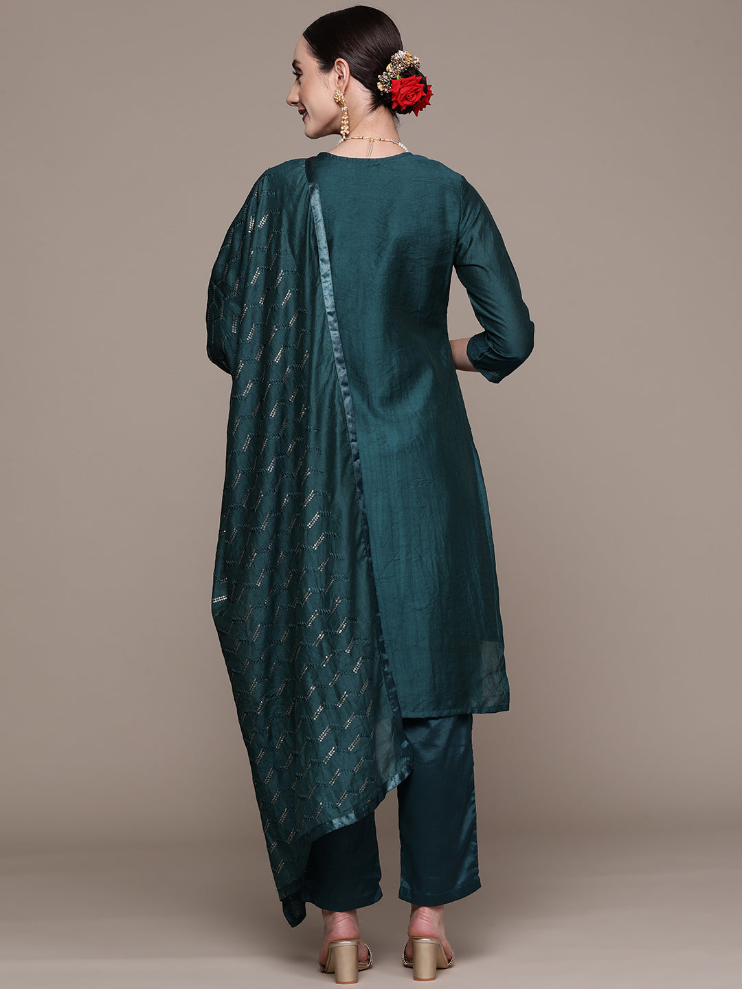 Ishin Women's Teal Embellished A-Line Kurta with Trouser & Dupatta