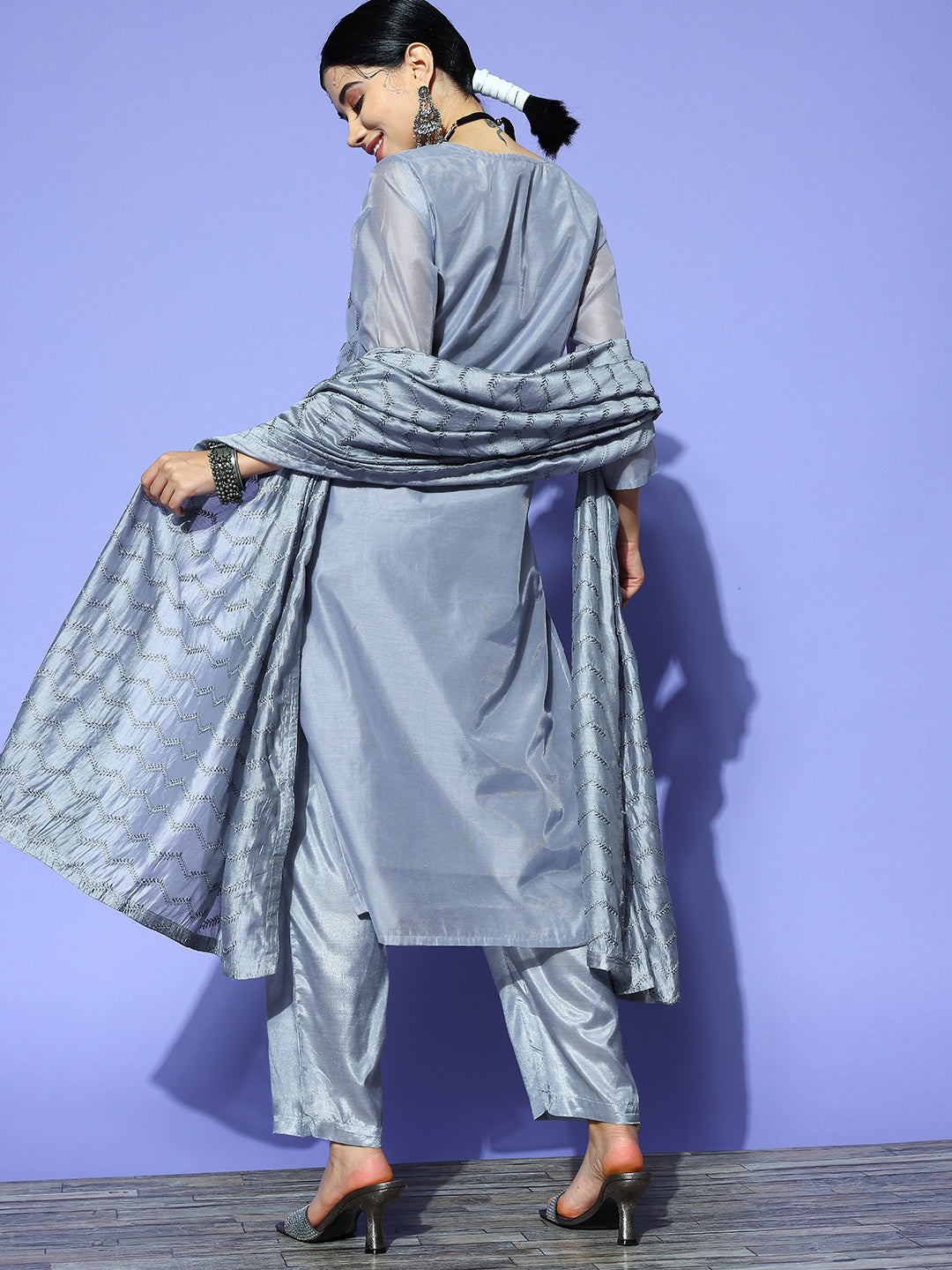 Ishin Women's Grey Embellished A-Line Kurta with Trouser & Dupatta