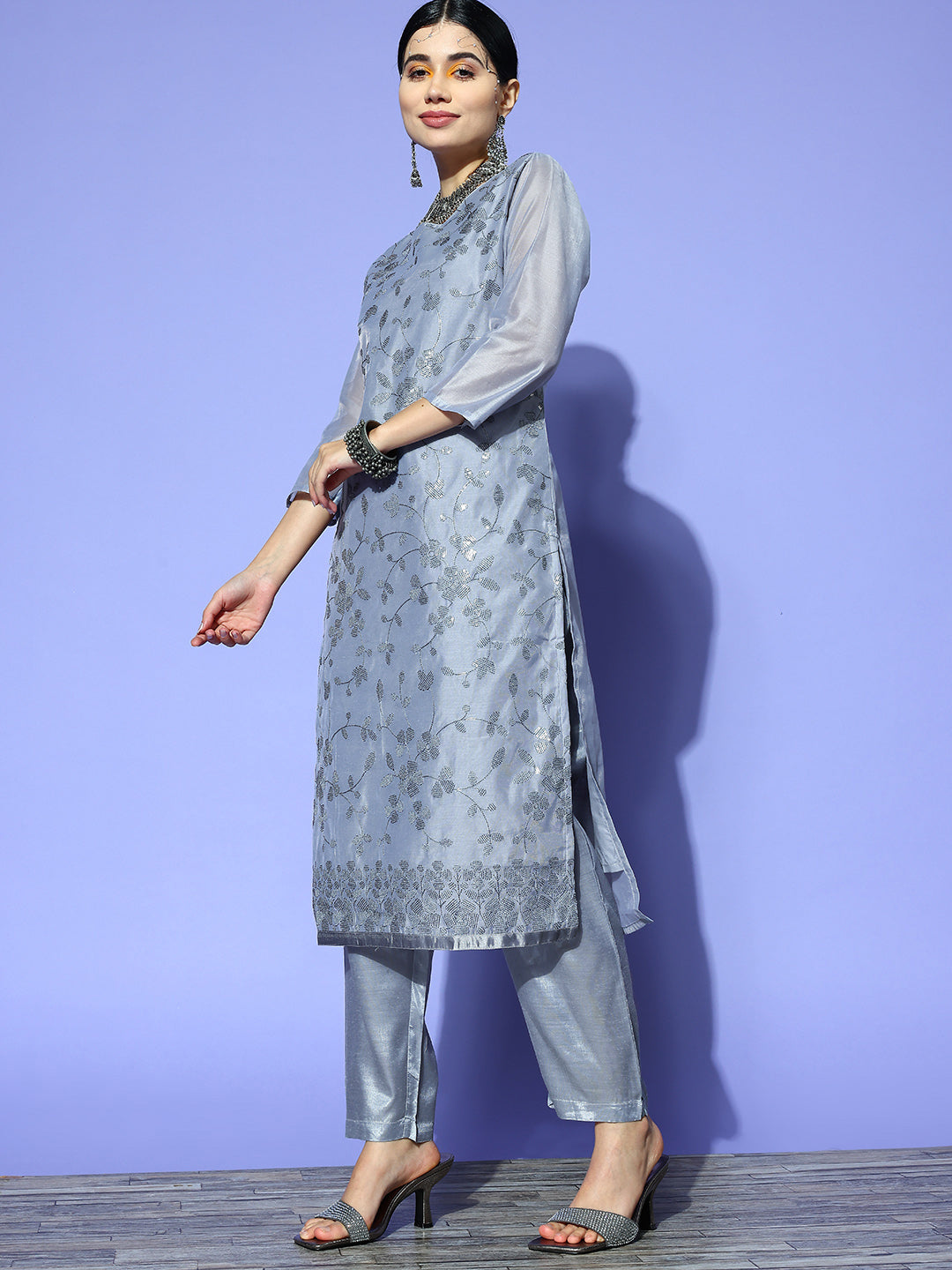 Ishin Women's Grey Embellished A-Line Kurta with Trouser & Dupatta