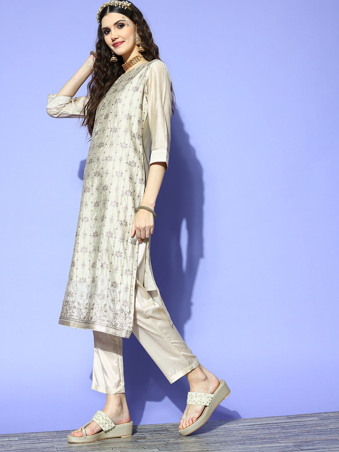 Ishin Women's Green Embellished A-Line Kurta with Trouser & Dupatta