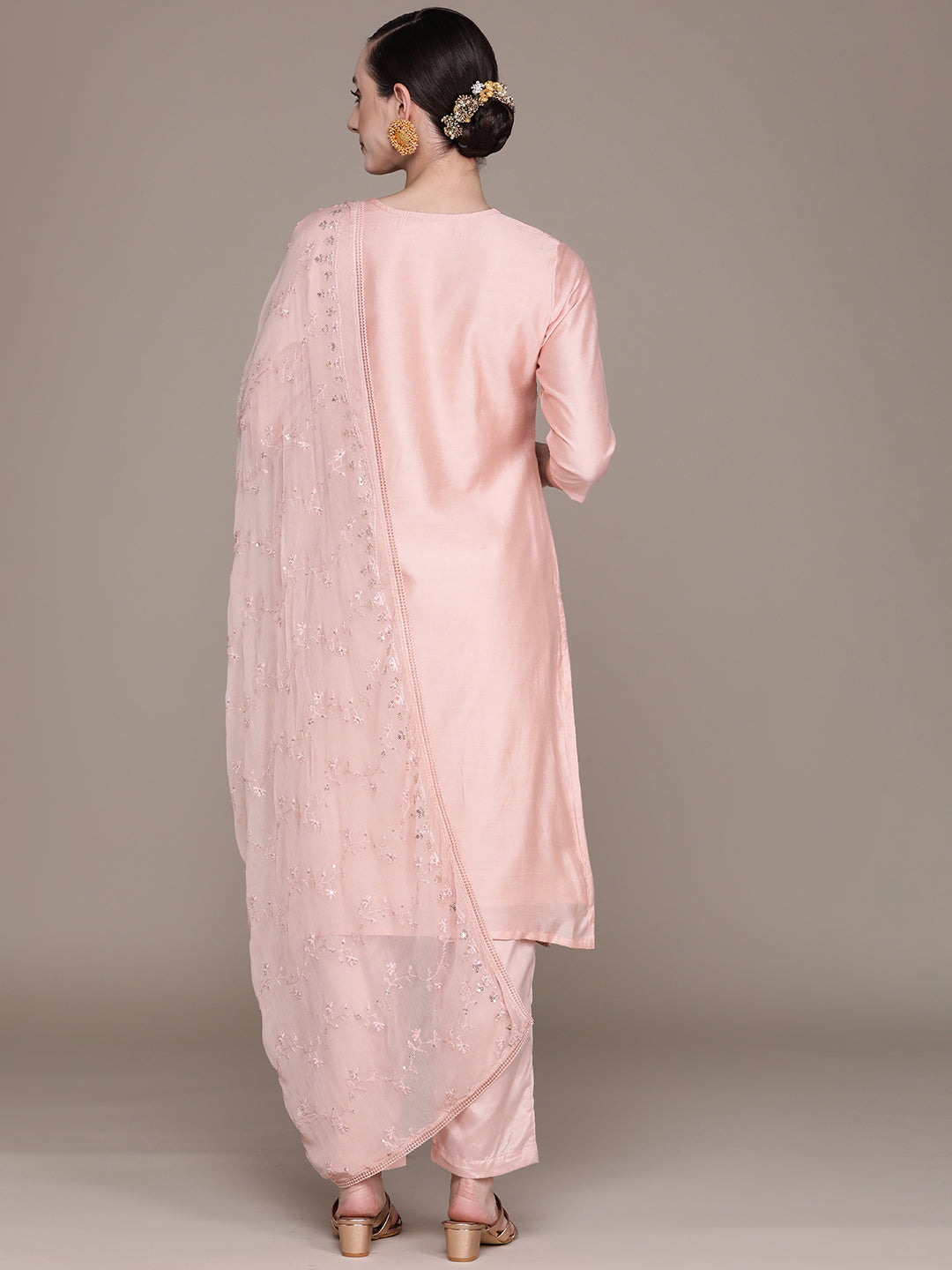 Ishin Women's Peach Yoke Design A-Line Kurta with Trouser & Dupatta