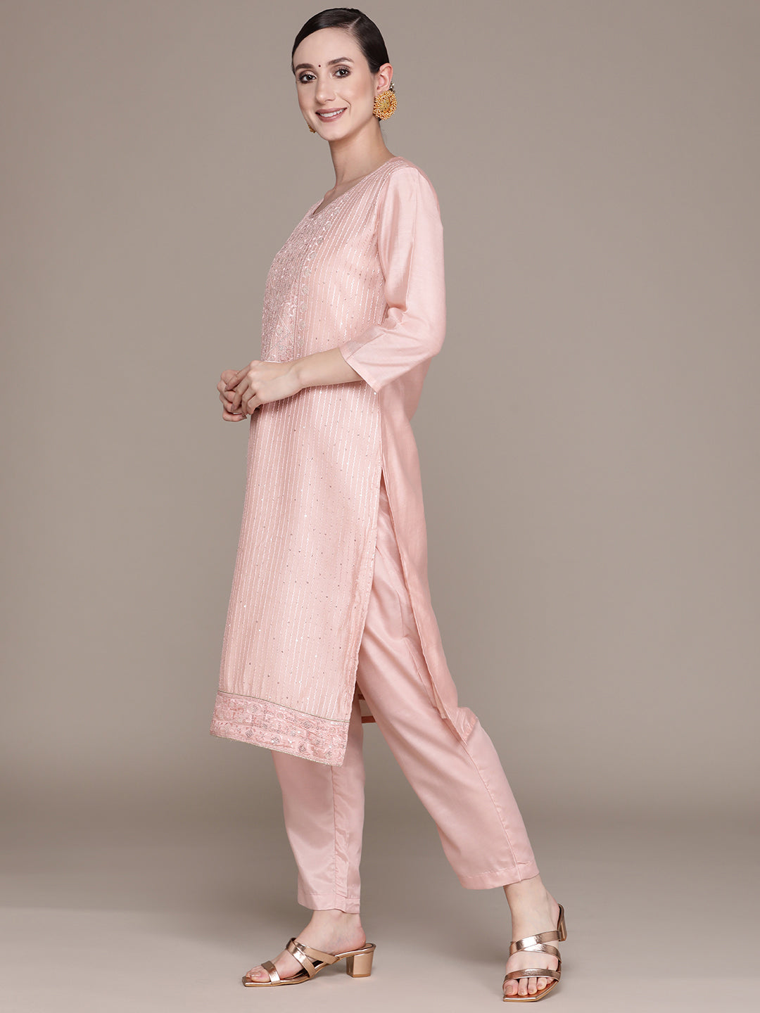 Ishin Women's Peach Yoke Design A-Line Kurta with Trouser & Dupatta