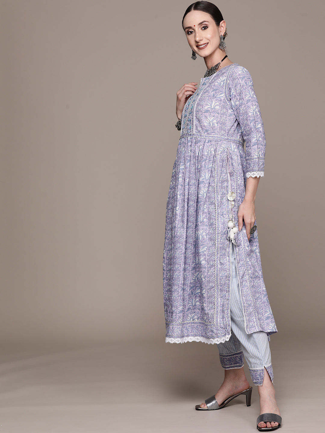 Ishin Women's Purple Yoke Design High Slit Kurta with Trouser & Dupatta