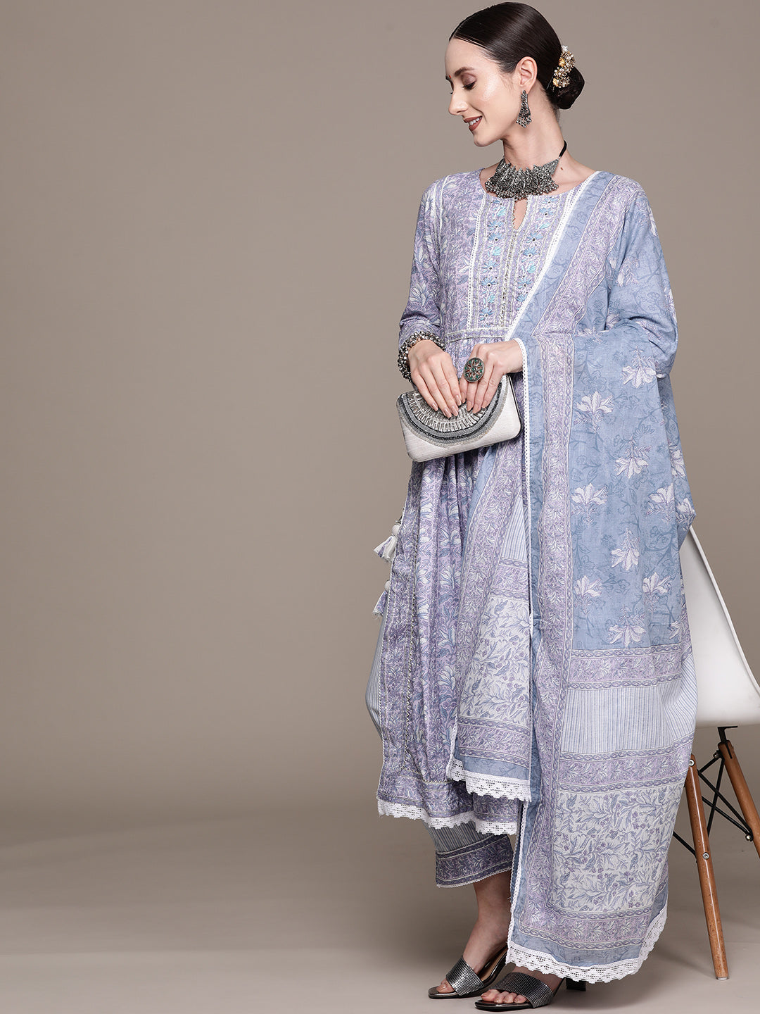 Ishin Women's Purple Yoke Design High Slit Kurta with Trouser & Dupatta
