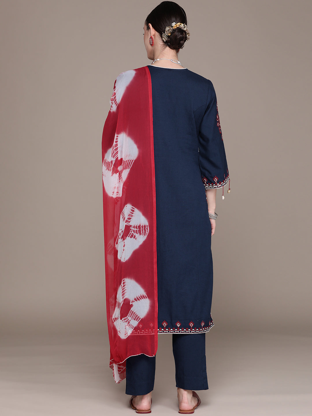 Ishin Women's Navy Blue Embroidered High Slit Kurta with Trouser & Dupatta