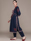 Ishin Women's Navy Blue Embroidered High Slit Kurta with Trouser & Dupatta
