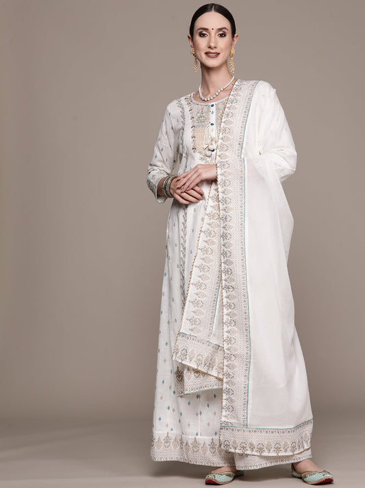 Ishin Women's Off White Embroidered A-line Kurta with Sharara & Dupatta