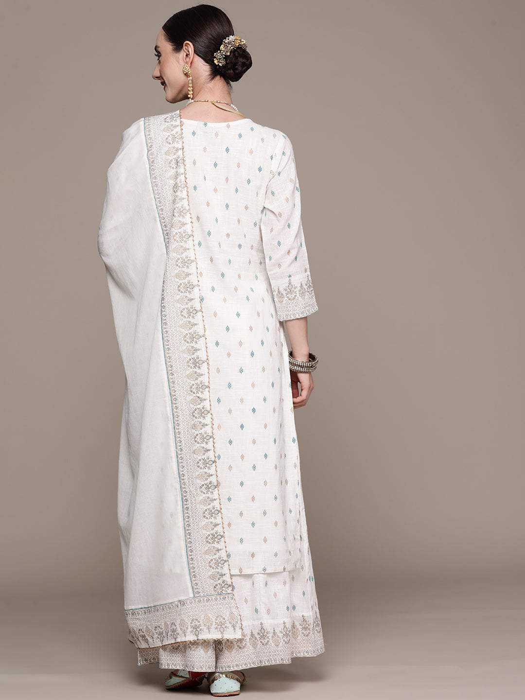 Ishin Women's Off White Embroidered A-line Kurta with Sharara & Dupatta