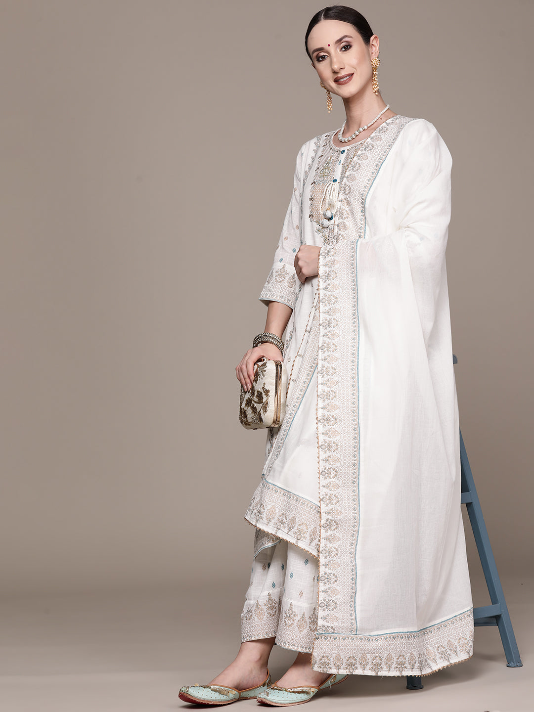 Ishin Women's Off White Embroidered A-line Kurta with Sharara & Dupatta