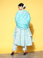 Ishin Women's Blue Yoke Design High Slit Kurta with Trouser & Dupatta