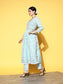 Ishin Women's Blue Yoke Design High Slit Kurta with Trouser & Dupatta