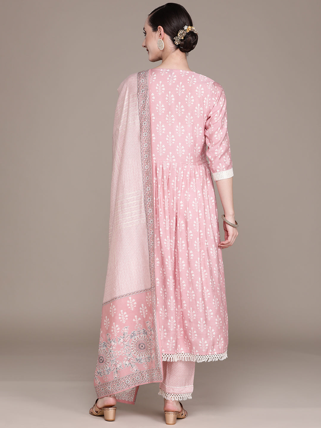 Ishin Women's Cotton Blend Blue Embroidered Anarkali Kurta With Dupatta