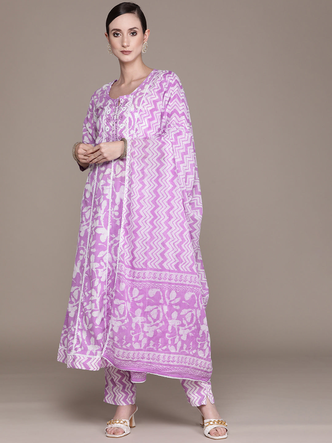 Ishin Women's Purple Embroidered Anarkali Kurta with Trouser & Dupatta