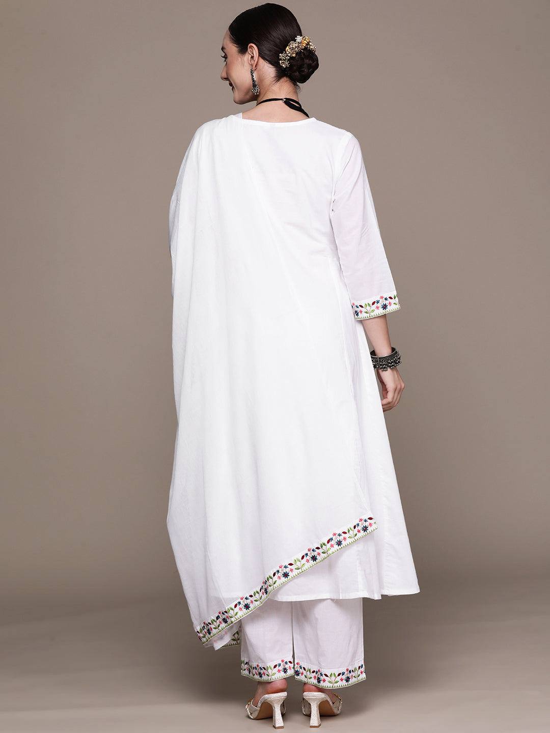 Ishin Women's White Embroidered Anarkali Kurta with Trouser & Dupatta
