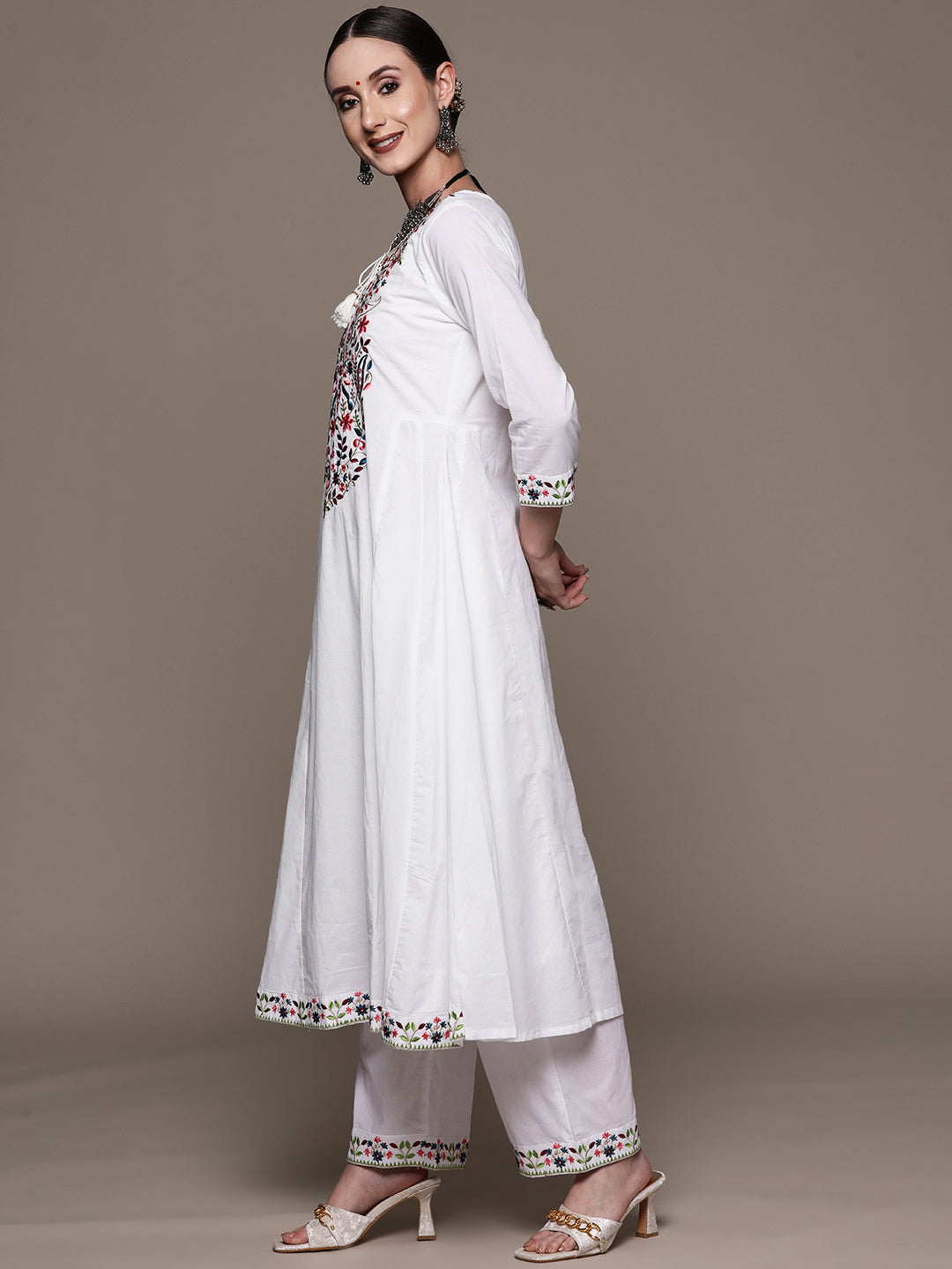 Ishin Women's White Embroidered Anarkali Kurta with Trouser & Dupatta