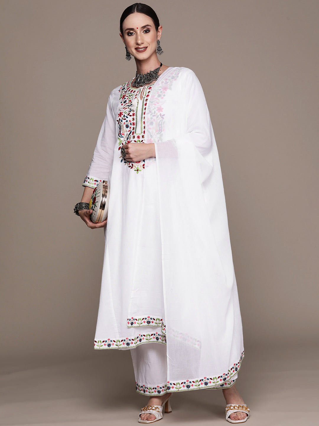 Ishin Women's White Embroidered Anarkali Kurta with Trouser & Dupatta
