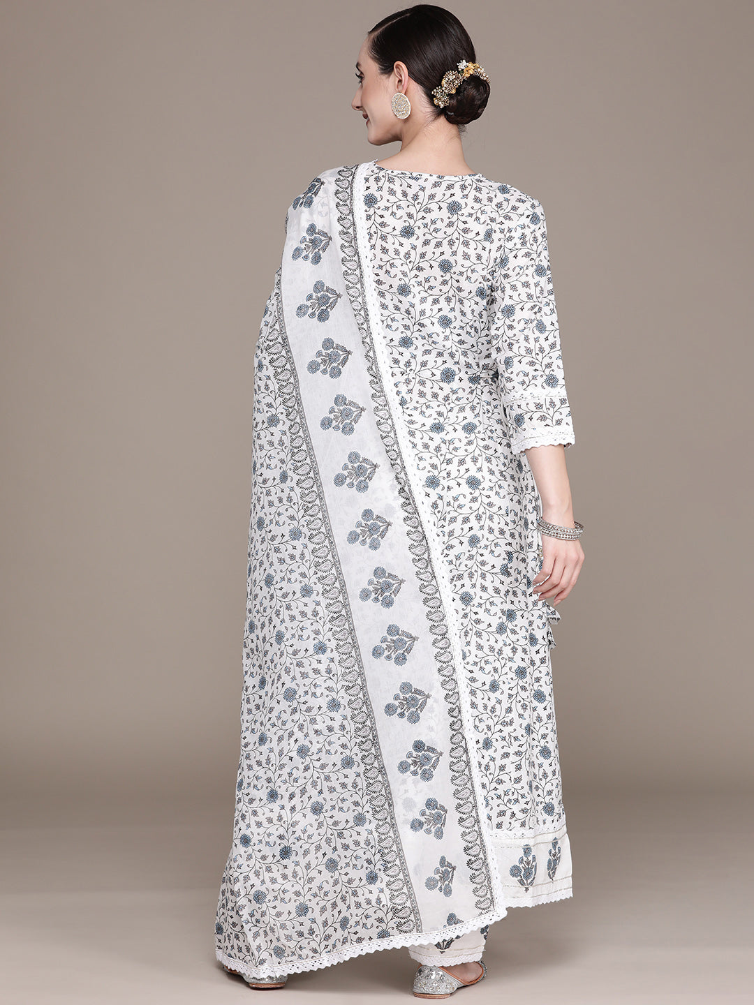 Ishin Women's Cotton Blend Blue Embroidered Anarkali Kurta With Dupatta