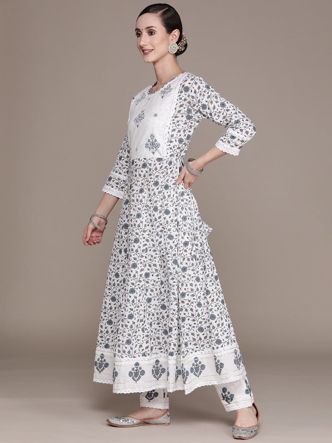 Ishin Women's White Yoke Design Anarkali Kurta with Trouser & Dupatta