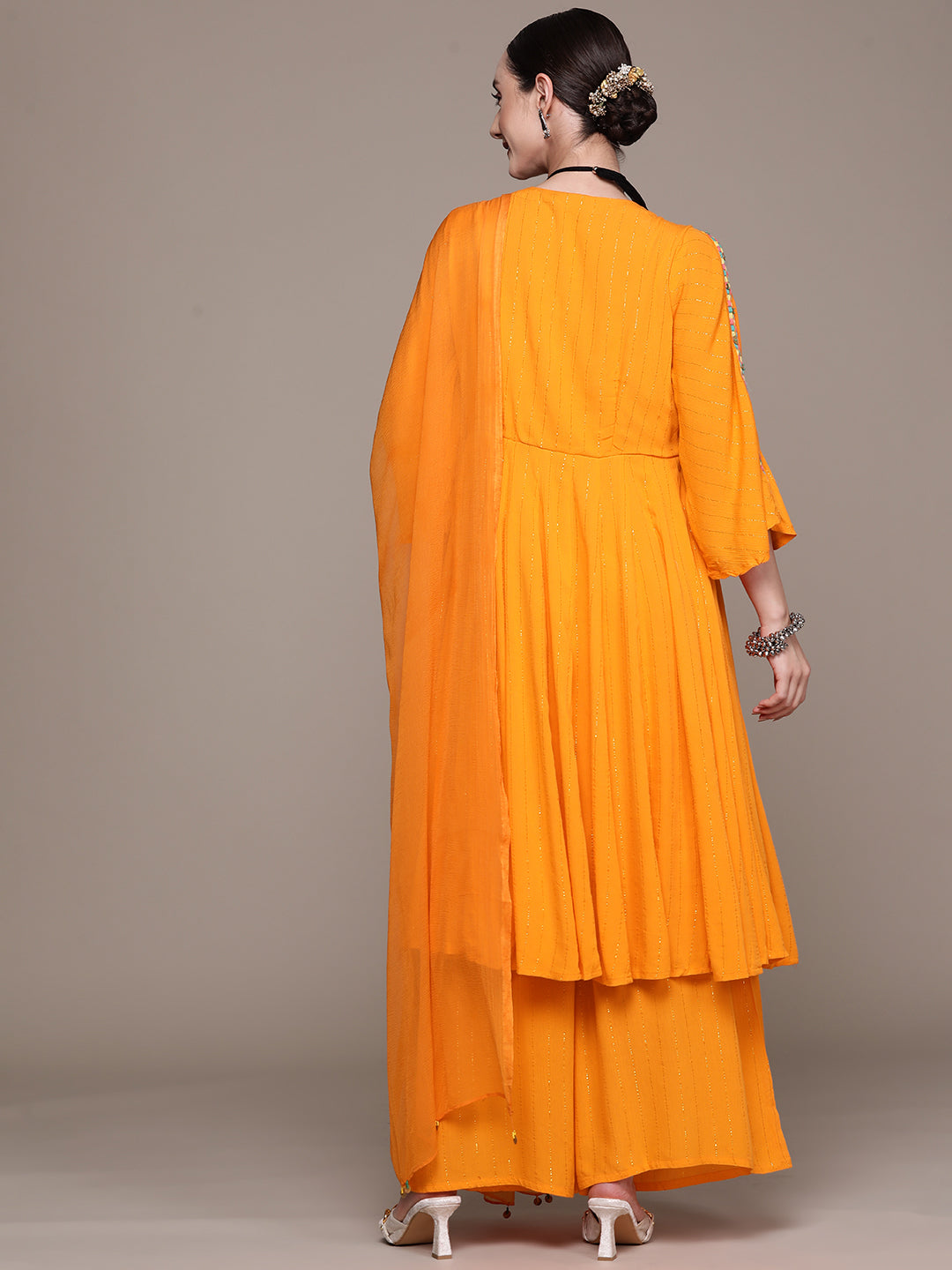 Ishin Women's Orange Embroidered Anarkali Kurta with Sharara & Dupatta