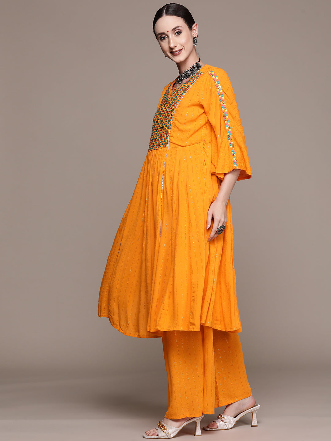 Ishin Women's Orange Embroidered Anarkali Kurta with Sharara & Dupatta