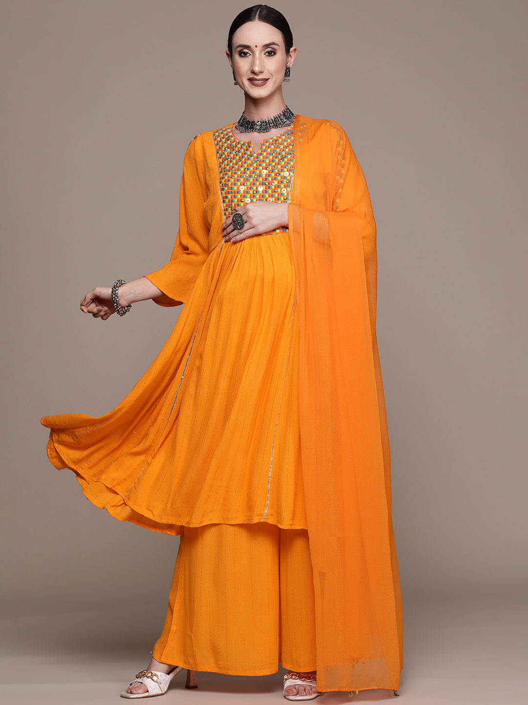 Ishin Women's Orange Embroidered Anarkali Kurta with Sharara & Dupatta